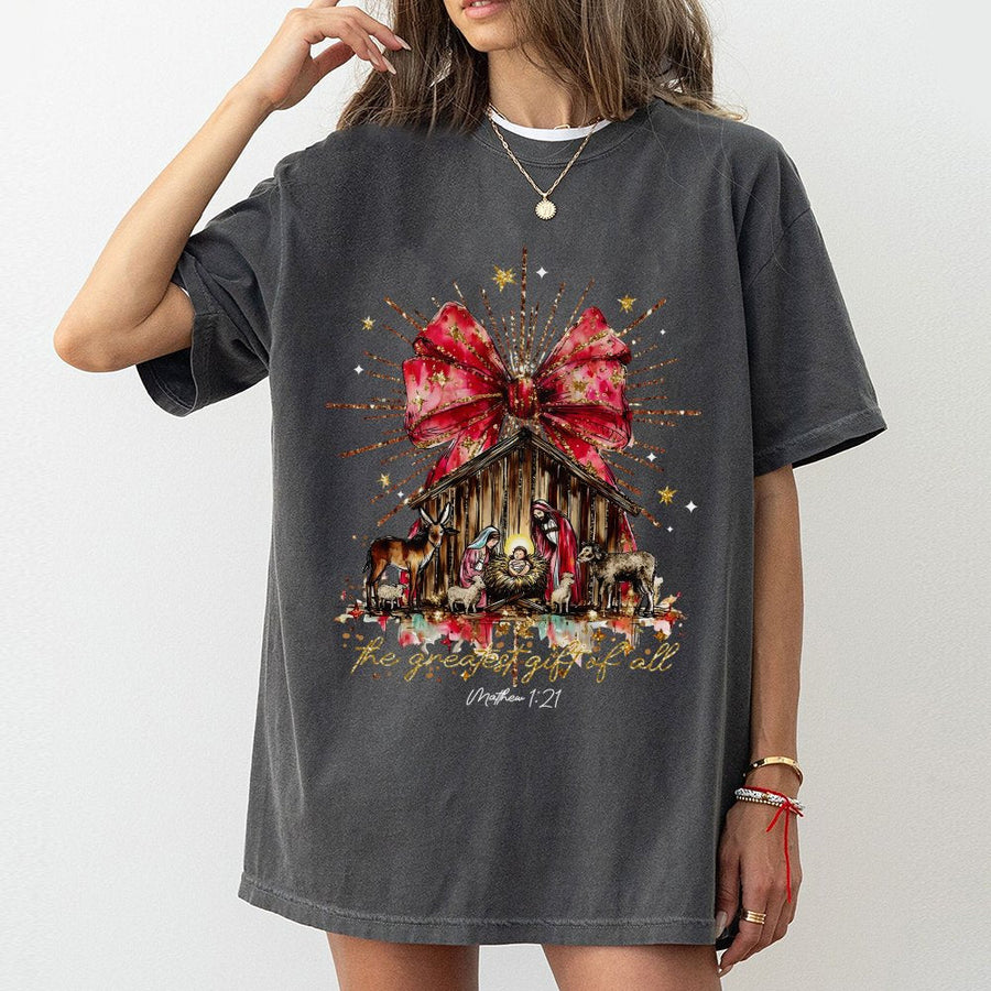 Nativity Scene T-Shirt | The Greatest Gift Of All Religious Graphic | 100% Cotton Premium Tee | Christian Christmas Gift for Men and Women