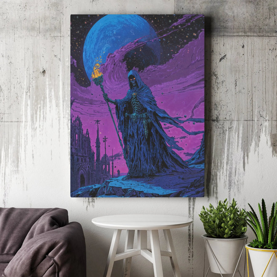 Dark Fantasy Canvas Wall Art | Skeletal Lich with Flaming Staff in Cosmic Ruined City | Premium Fade-Resistant Print | Gothic Home Decor Gift