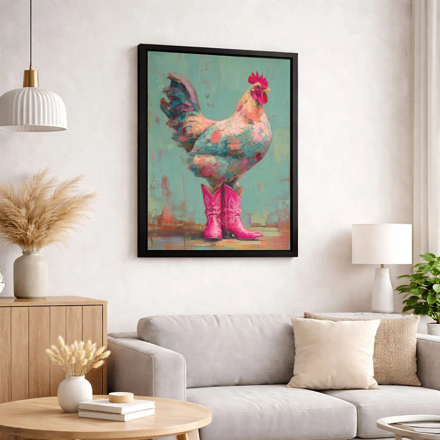 Rooster in Pink Cowboy Boots Wall Art | Whimsical Farmhouse Canvas Print | Premium Gallery-Wrapped Decor | Fun Country Kitchen Gift for Her