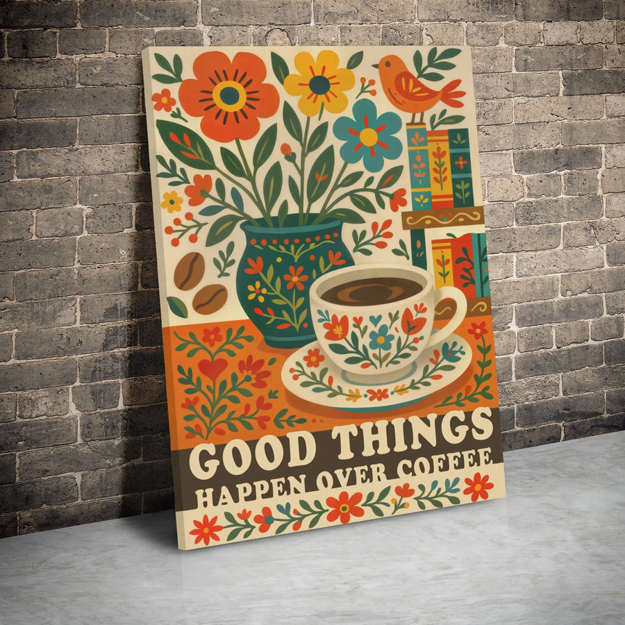 Coffee Wall Art Canvas | Good Things Happen Over Coffee Folk Art Illustration | Premium Gallery Wrap Decor | Gift for Coffee Lovers Kitchen