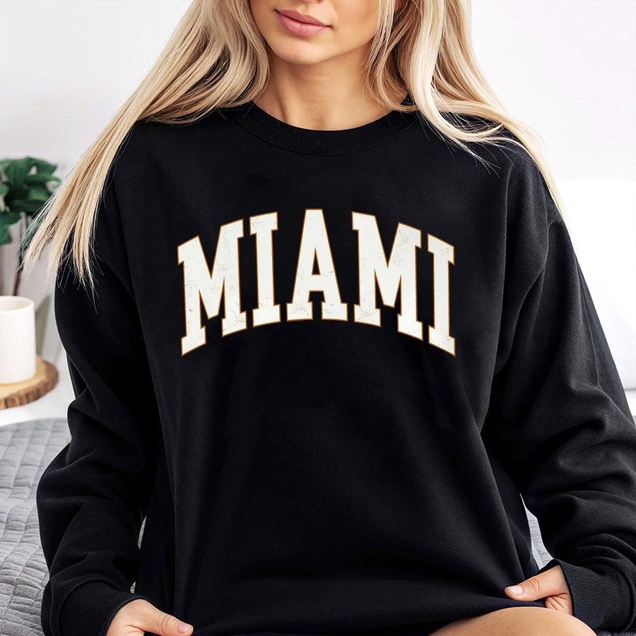 Miami Sweatshirt | Retro Collegiate Varsity Graphic | Premium Cotton Blend Crewneck | Gift for Florida Travel Lover or College Student