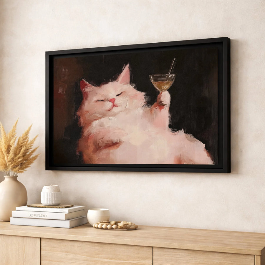 Funny Cat Painting Wall Art | Smug White Cat Toasts With Cocktail | Premium 1.25" Gallery Canvas | Quirky Home Office Decor Gift
