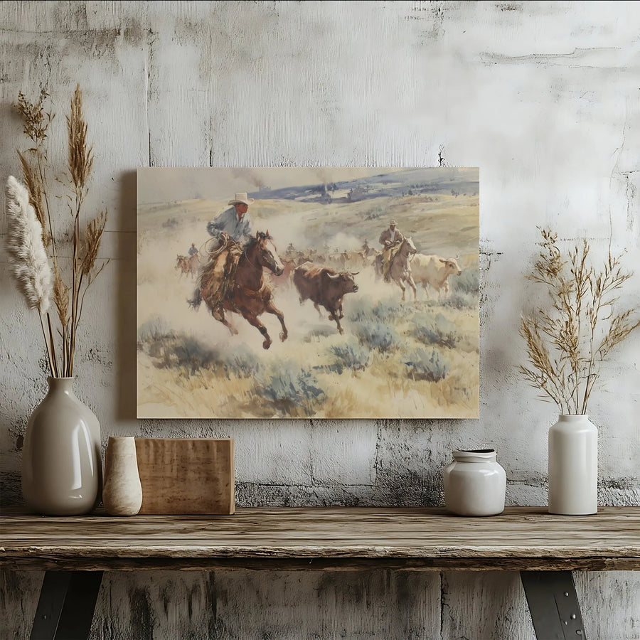 Western Cowboy Cattle Drive Canvas Art | Rustic Watercolor Rodeo Wall Decor | Premium 1.25 Inch Gallery Wrap | Southwestern Home Gift