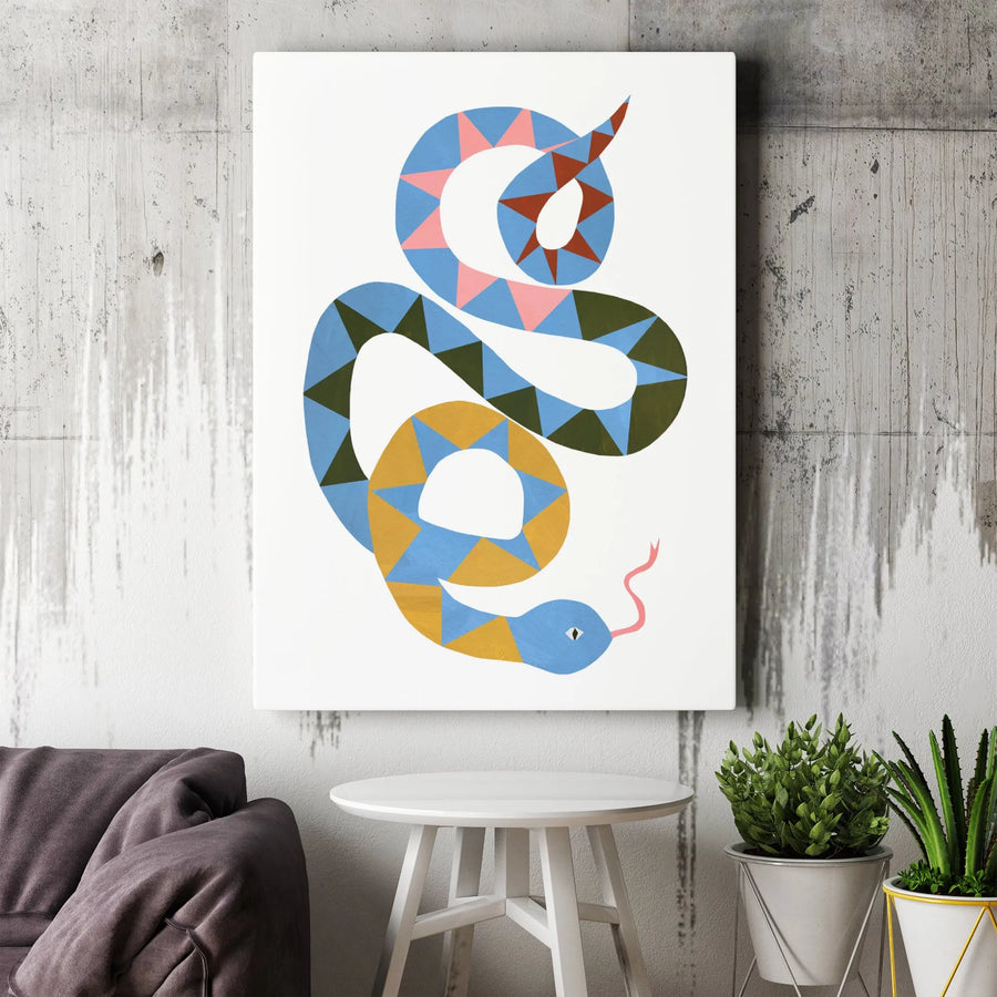 Abstract Snake Vertical Canvas | Colorful Geometric Reptile Art | Premium Thick Gallery Canvas | Modern Home Decor Gift