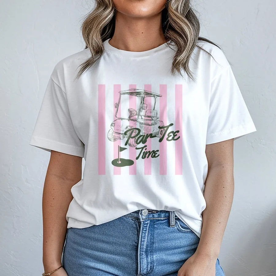 Par Tee Time Golf T-Shirt | Cute Preppy Pink Stripe Golf Cart Graphic | Cozy Cotton-Blend | Funny Golfing Gift for Her