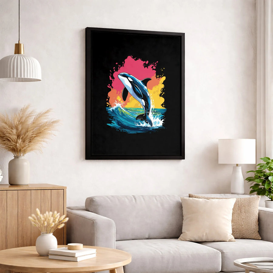 Jumping Orca Canvas Art | Colorful Pop Art Killer Whale Ocean Wave | 1.25 Inch Premium Gallery Wrap | Modern Nautical Wall Decor Gift