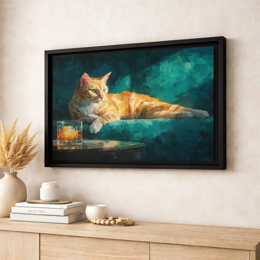 Orange Tabby Cat Canvas Print | Whimsical Whiskey Drinker Art | 1.25-Inch Gallery Wrap | Funny Pet Home Decor Gift for Cat Lovers