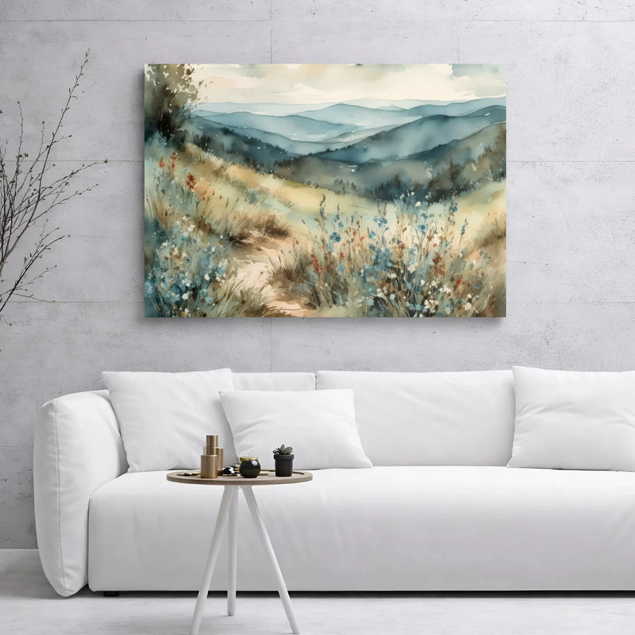 Mountain Landscape Canvas Wall Art | Watercolor Wildflower Meadow Print | 1.25" Gallery Wrap Premium Decor | Serene Nature Home Office Decor Gift