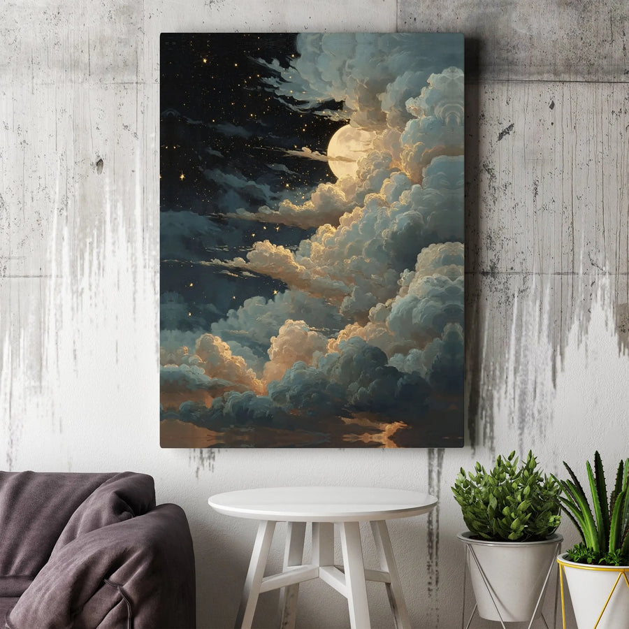Night Sky Moon Canvas Wall Art | Celestial Cloud Painting | Premium Gallery Wrap Print | Dreamy Bedroom Living Room Home Decor