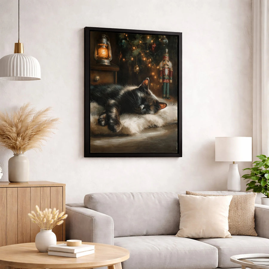 Sleeping Black Cat Canvas Wall Art | Christmas Tree & Nutcracker Design | Premium Fade-Resistant Print | Cozy Holiday Home Decor Gift