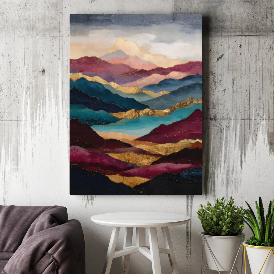 Abstract Mountain Landscape Canvas Art | Gold Foil Leaf Texture Design | Premium 1.25" Gallery Wrap | Modern Home Office Decor Wall Hanging