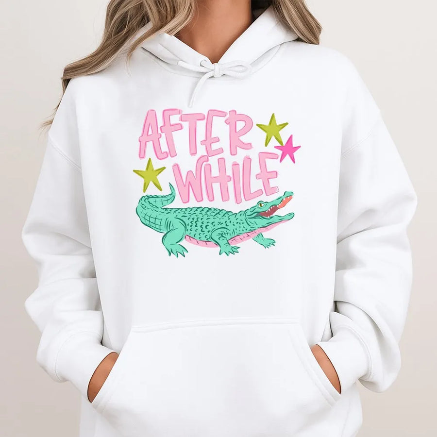 After While Crocodile Hoodie | Funny Cartoon Alligator Graphic Tee | Soft Cotton Unisex Top | Retro Animal Pun Novelty Gift