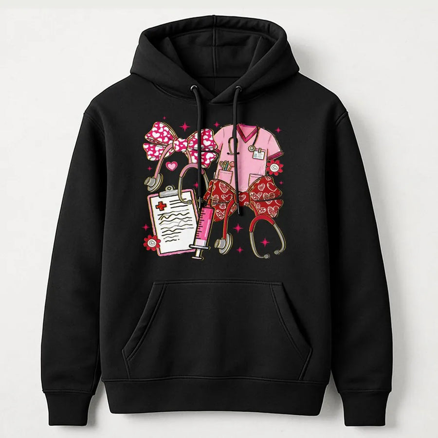 Nurse Valentine Hoodie | Coquette Pink Stethoscope Heart Bow Print | Premium Cotton Blend | Cute Healthcare Professional Gift for Her
