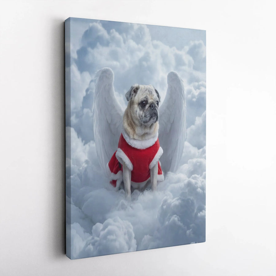 Angel Pug Christmas Canvas Wall Art | Heavenly Dog with Wings on Clouds Print | Premium Fade-Resistant Canvas | Unique Holiday Gift for Pug Lover