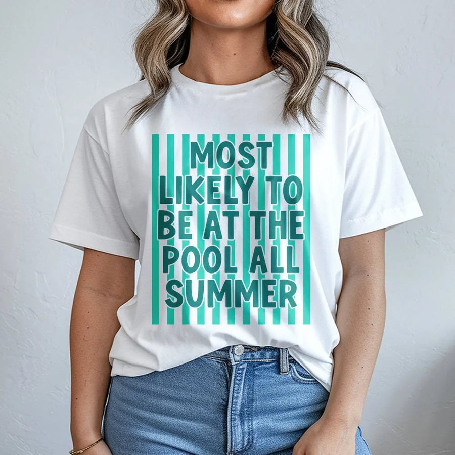 Summer Pool T-Shirt | Most Likely To Be At The Pool Graphic | Soft Unisex Crewneck | Funny Vacation Holiday Gift