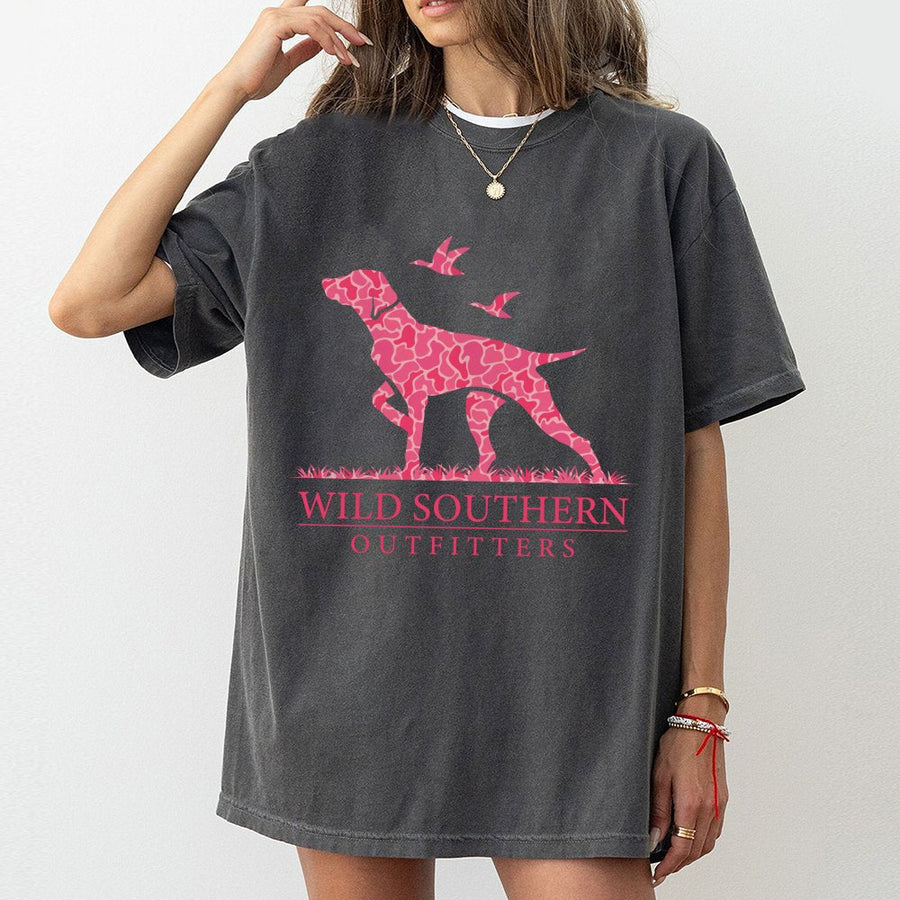 Hunting Dog T-Shirt | Pink Camo Pointing Dog Graphic | Premium 100% Cotton Tee | Southern Style Gift For Women Outdoor Enthusiasts