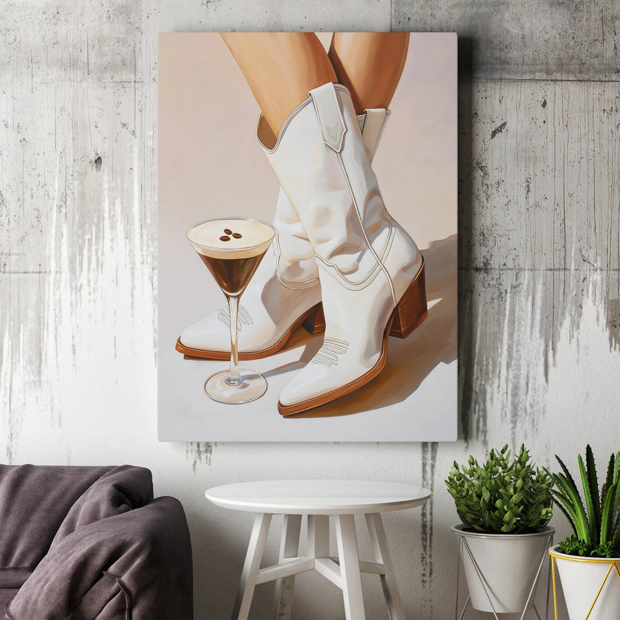 Espresso Martini And Cowboy Boots Canvas Print | Trendy Bar Cart Wall Art | Premium Gallery Wrap Decor | Stylish Gift For Coffee Lovers