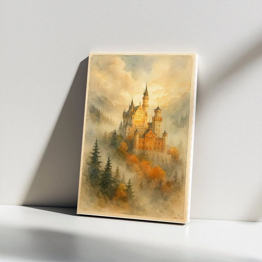 Neuschwanstein Castle Canvas Wall Art | Watercolor Autumn Forest Landscape | Premium 1.25 Inch Gallery Wrap | Fairytale Home Decor Gift