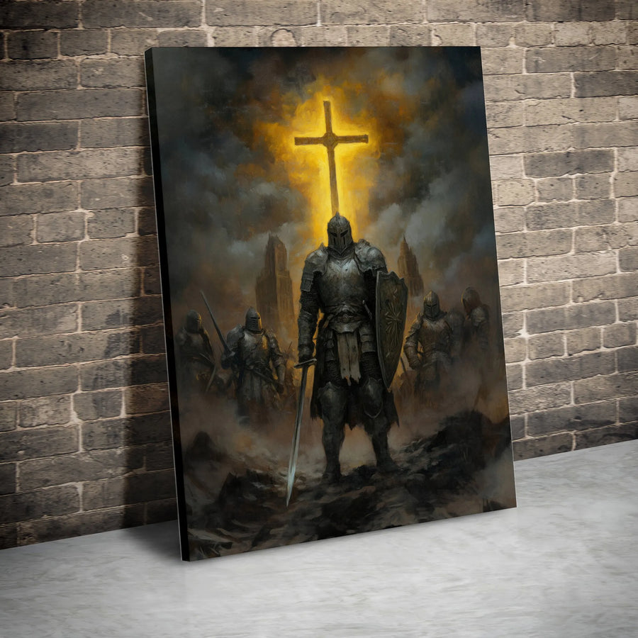 Warrior of God Canvas Wall Art | Christian Knight Templar with Glowing Cross | Premium Gallery Wrap Decor | Spiritual Religious Gift for Men