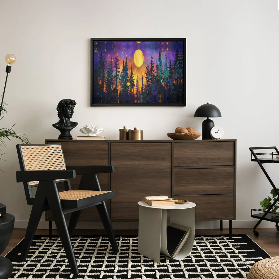 Full Moon Forest Canvas Art | Colorful Pine Tree Landscape Print | Gallery Wrapped 1.25" Profile | Moody Nature Wall Decor for Home Office