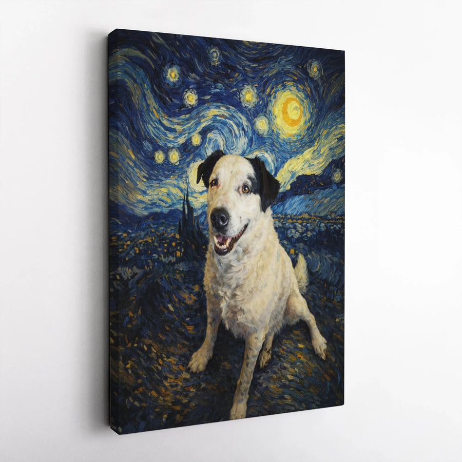 Dog Starry Night Canvas Wall Art | Van Gogh Style Painting Parody | Premium Gallery Wrap Canvas | Unique Gift for Pet Owner