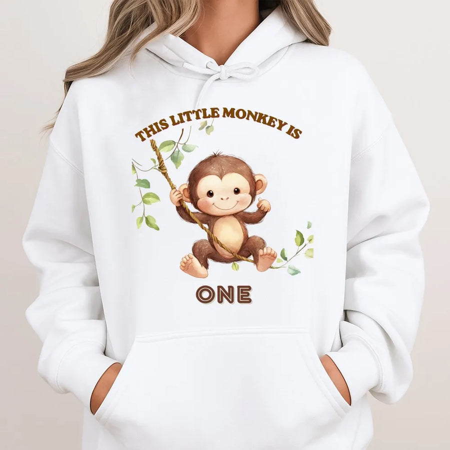 Monkey 1st Birthday Hoodie | This Little Monkey Is One Graphic | Soft Cotton Blend Pullover | Mom's First Birthday Party Gift