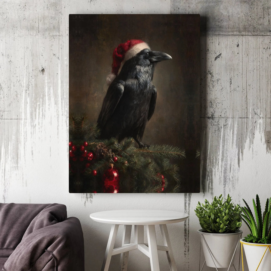 Gothic Christmas Raven Wall Art | Dark Academia Holiday Decor | Premium Fade-Resistant Canvas | Unique Winter Bird Gift for Crow Lovers