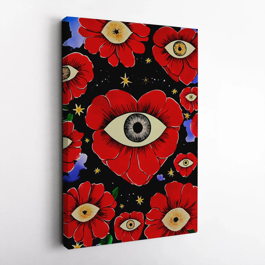 Surreal Eye Flower Vertical Canvas | Psychedelic Red Poppy Art Print | Premium Thick Gallery Wall Art | Gothic Home Decor Gift