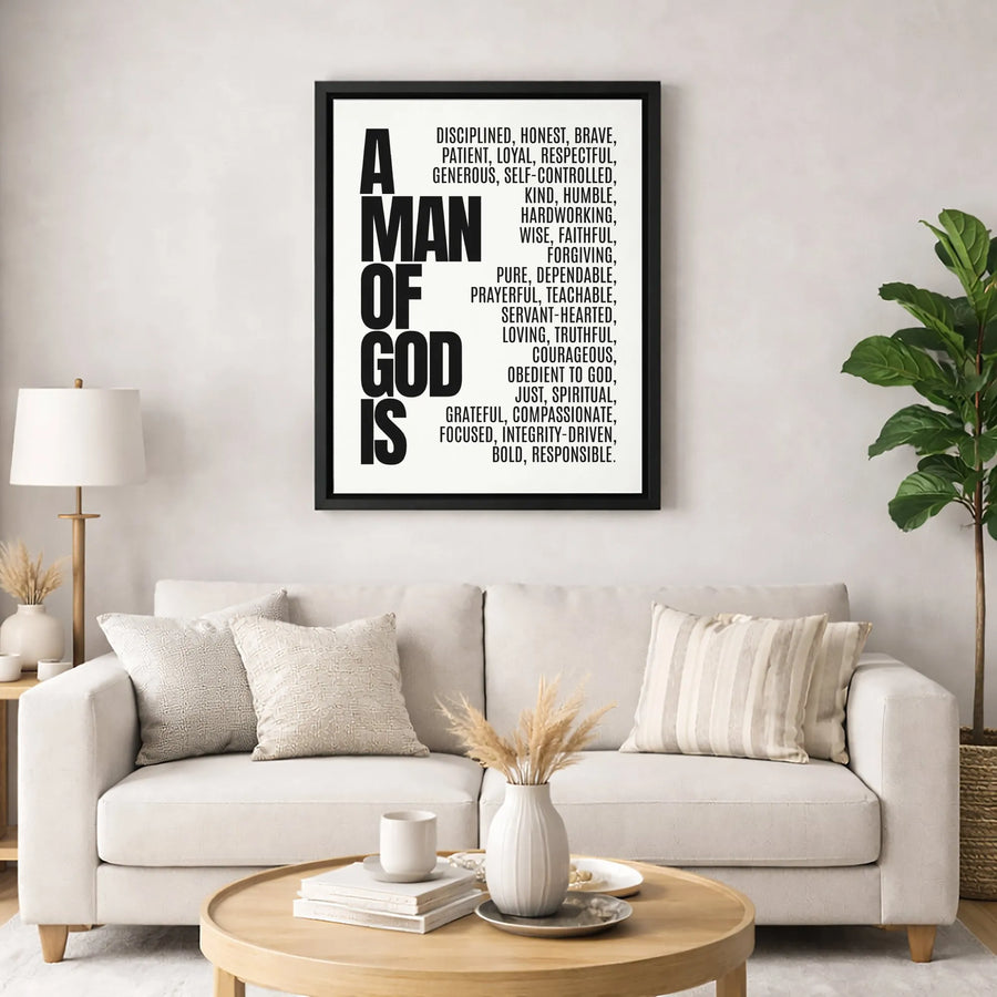Man Of God Canvas Print | Christian Virtues Typography Wall Art | Premium Gallery-Wrapped Decor | Faith-Based Gift For Men