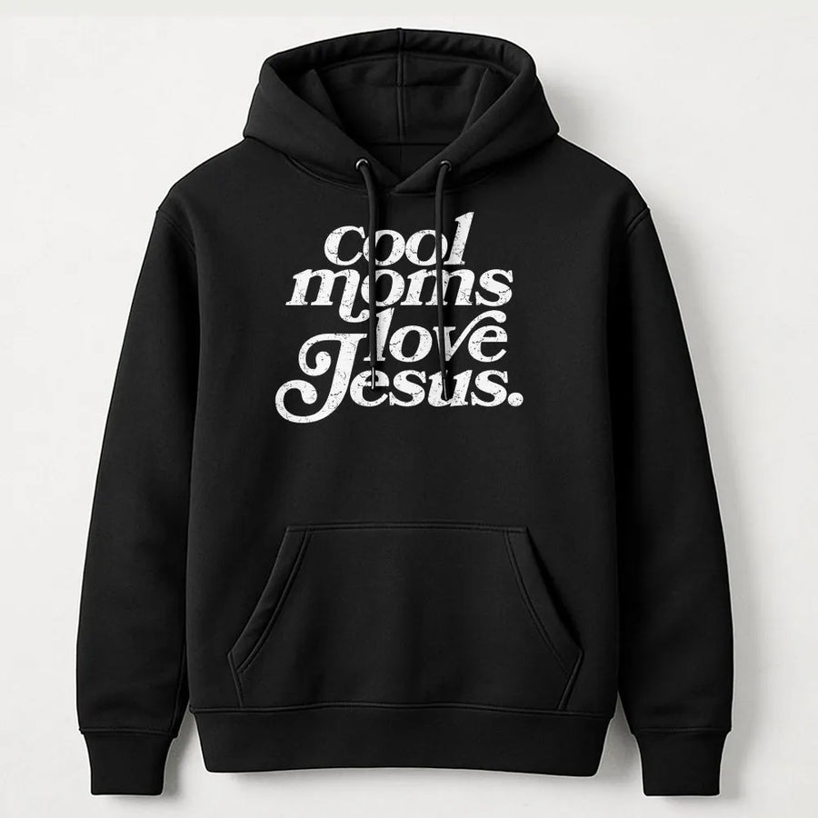 Cool Moms Love Jesus Hoodie | Retro Distressed Faith Graphic | Soft Cotton Blend Pullover | Christian Mom Gift