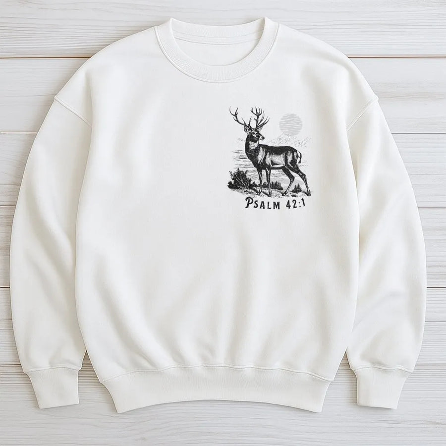 Psalm 42:1 Christian Sweatshirt | Vintage Deer Graphic Tee | Soft Breathable Cotton | Religious Faith Gift for Men