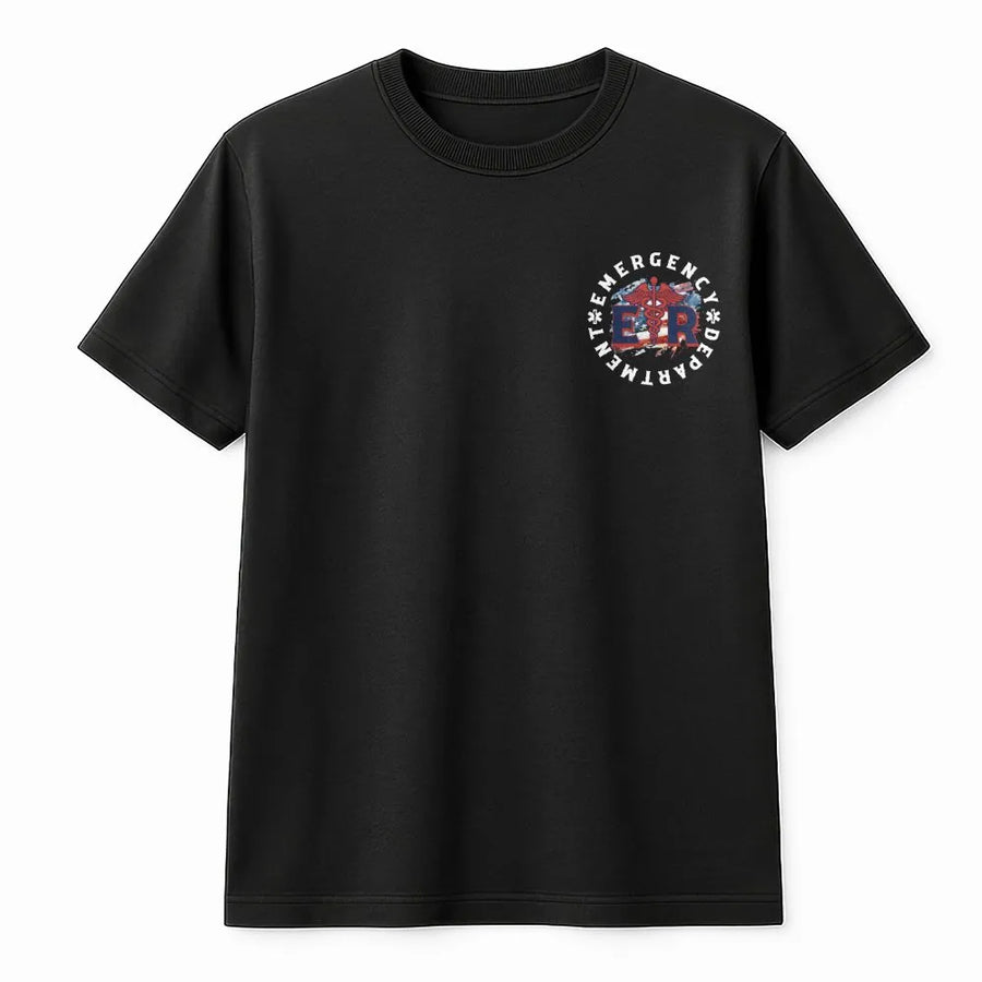 ER Nurse T-Shirt | Patriotic USA Flag Chest Logo | Soft Cotton Blend | Gift for Emergency Department Staff