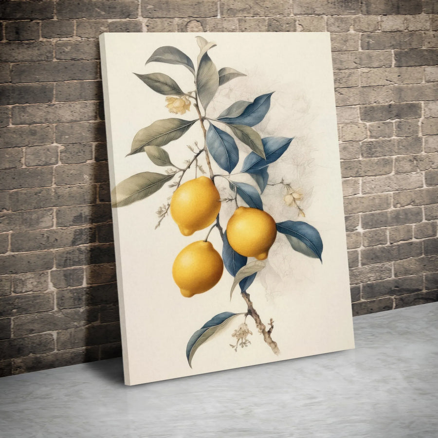 Botanical Lemon Vertical Canvas | Vintage Fruit Illustration Print | Premium Gallery Wrap Wall Art | Farmhouse Kitchen Decor Housewarming Gift
