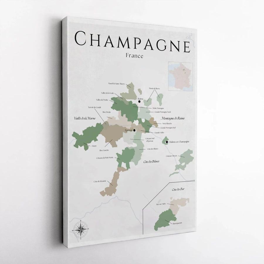 Champagne Wine Region Map Canvas | Detailed France Vineyard Art | Premium Gallery Wrapped Print | Gift for Wine Lovers & Sommelier Decor