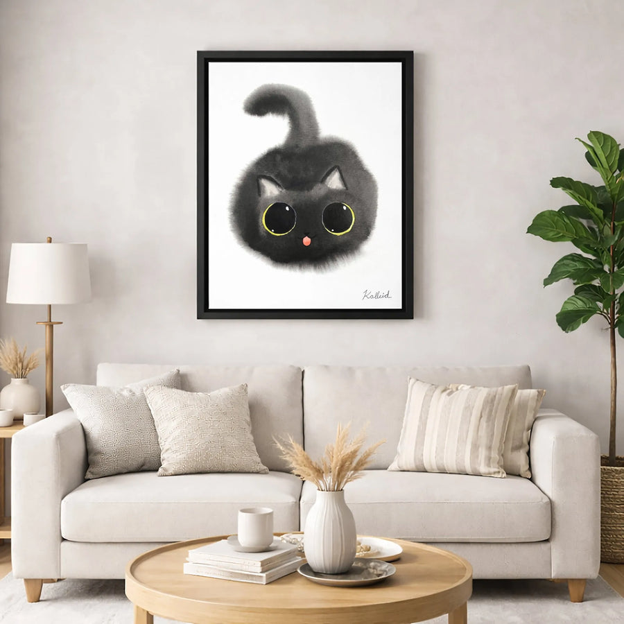 Cute Black Cat Wall Art | Fluffy Kitten Watercolor Illustration | Premium Gallery Wrapped Canvas | Minimalist Nursery and Home Decor Gift