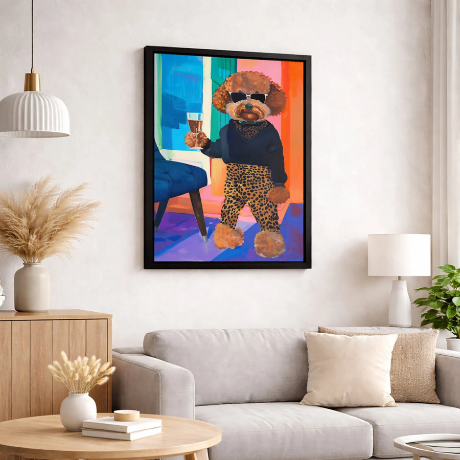 Poodle Wall Art | Sophisticated Dog Drinking Wine in Leopard Print | Premium Gallery Wrap Canvas | Unique Gift for Dog Lovers