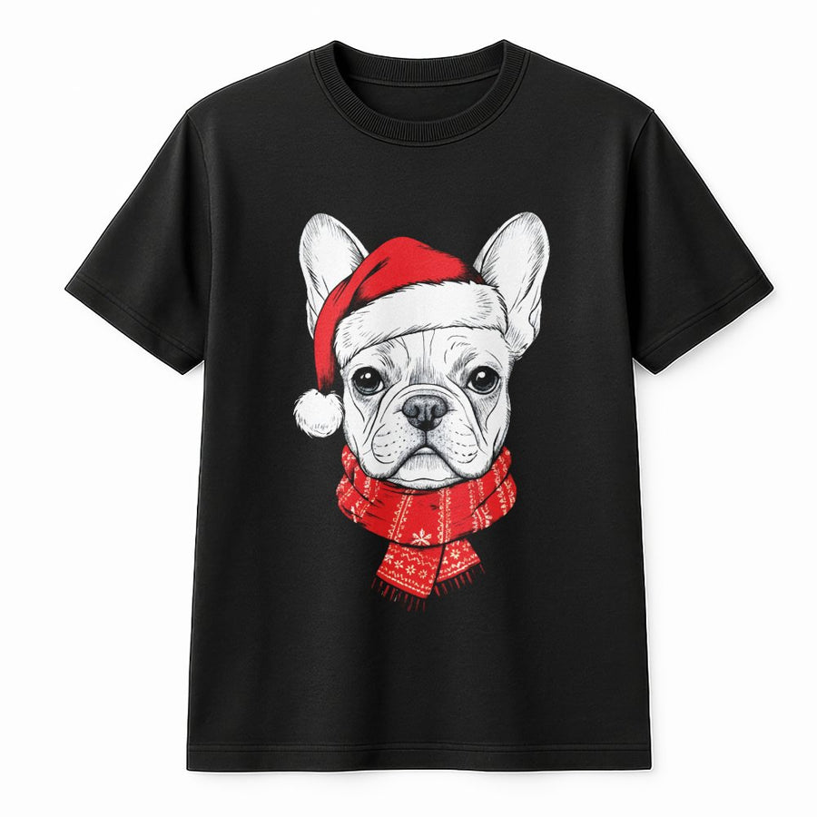 French Bulldog Christmas T-Shirt | Cute Santa Hat Frenchie Graphic Tee | Premium 100% Cotton Holiday Apparel | Dog Lover Gift For Men And Women
