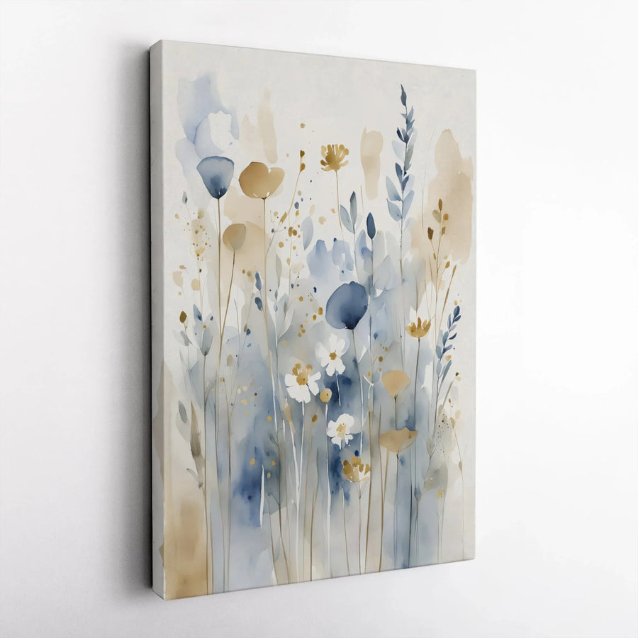 Blue And Beige Wildflower Canvas Print | Abstract Watercolor Botanical Art | 1.25-Inch Premium Gallery Profile | Modern Home Decor Wall Art