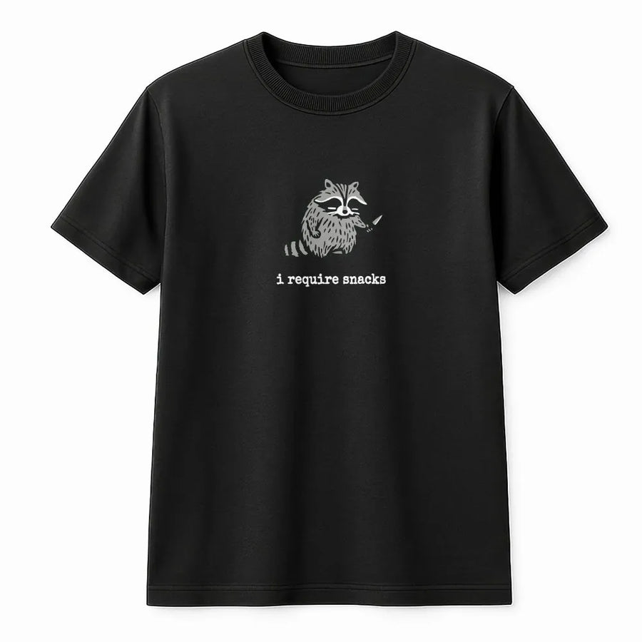 Funny Raccoon T-Shirt | 'I Require Snacks' Graphic Sweatshirt with Knife | Soft Cotton-Blend Pullover | Humorous Animal Lover Gift