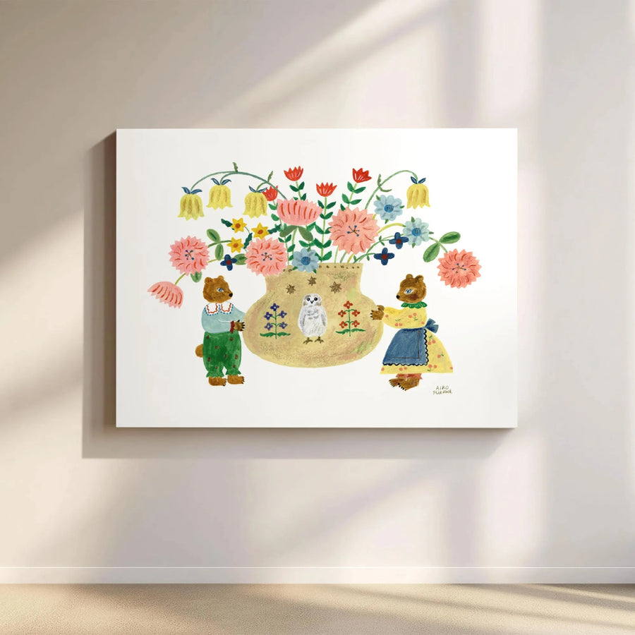 Whimsical Bear Canvas Wall Art | Folk Art Floral Illustration | Premium Fade-Resistant Print | Unique Nursery & Kids Room Decor Gift