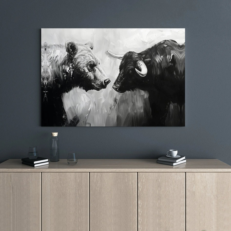 Bull vs Bear Canvas Wall Art | Black and White Financial Stock Market Oil Painting Style | 1.25 Inch Gallery Wrap | Office Decor Gift for Investors