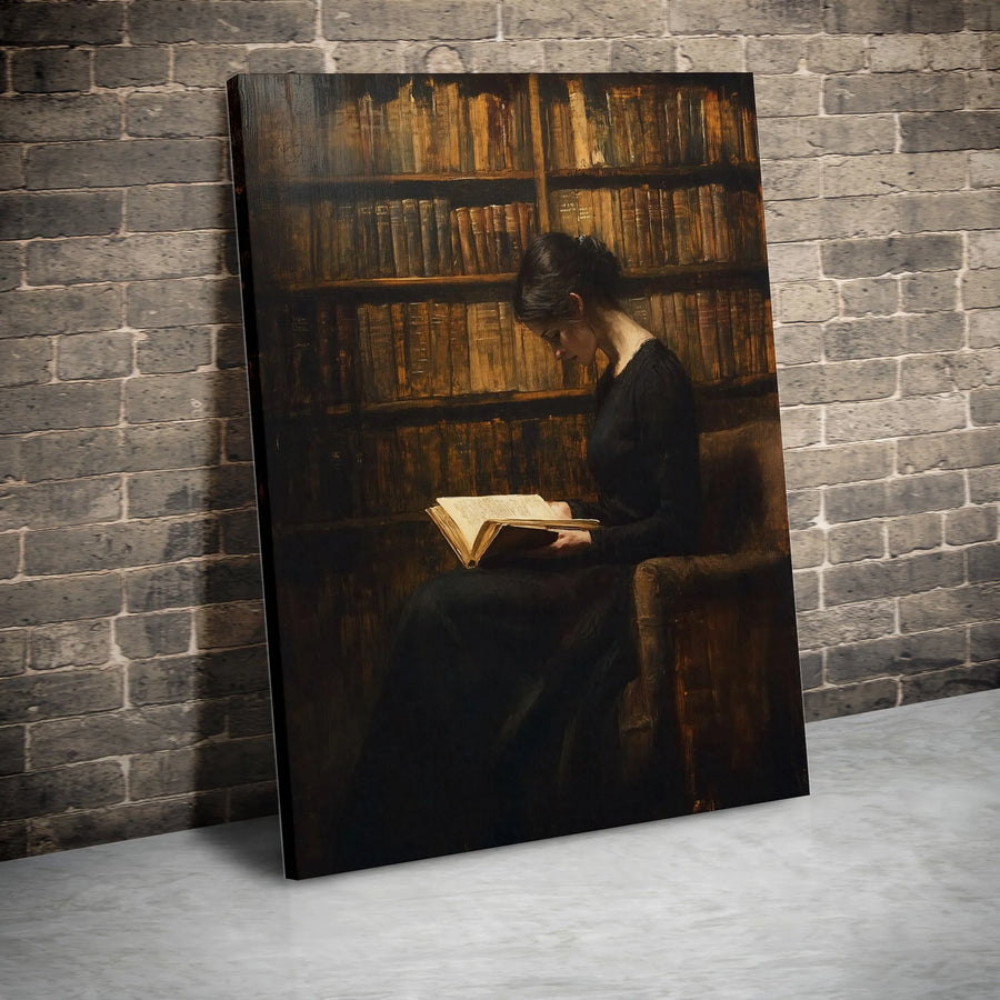 Dark Academia Canvas Art | Woman Reading in Library Vintage Portrait | Premium Gallery Wrap Wall Decor | Gift for Readers & Book Lovers