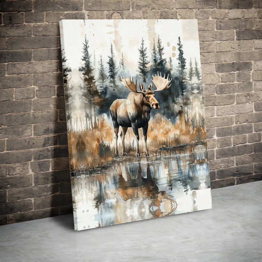 Moose Canvas Wall Art | Watercolor Forest Landscape with Reflection | Premium Fade-Resistant Print | Rustic Cabin Decor Gift for Nature Lovers