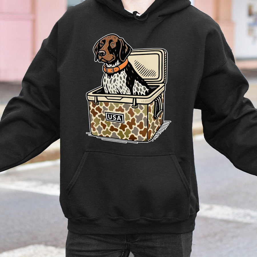 German Shorthaired Pointer Hoodie | GSP Hunting Dog in Camo Cooler | Premium Cotton Blend | Gift for Bird Dog Owners & Outdoorsmen