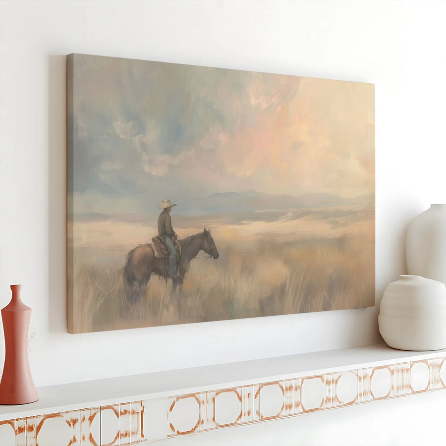 Lone Cowboy Wall Art | Western Horseback Landscape Oil Painting Style | Premium Gallery Wrap Canvas | Rustic Home Decor Gift for Him