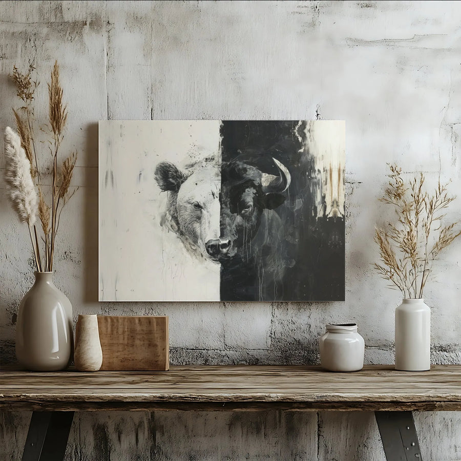 Bear and Bull Split Canvas Print | Abstract Stock Market Wall Art | Premium Gallery-Wrapped Canvas | Finance Office Decor Gift