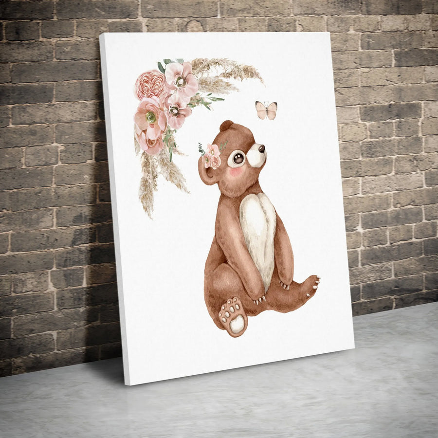 Boho Bear Nursery Wall Art | Watercolor Floral Animal Print | Premium Gallery-Wrapped Canvas | Cute Baby Room Decor Gift