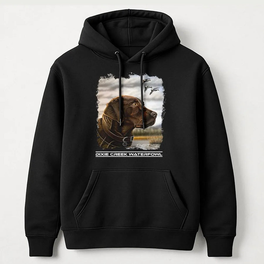 Chocolate Labrador Hoodie | Hunting Retriever Duck Dog Graphic | Premium Cotton Blend Pullover | Gift for Duck Hunters and Dog Lovers