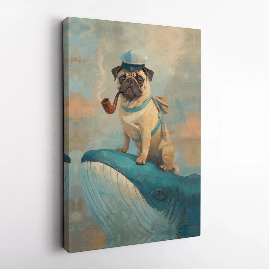 Sailor Pug and Whale Canvas Art | Whimsical Nautical Dog Painting | Premium Gallery Wrap Canvas | Unique Gift for Dog Lover