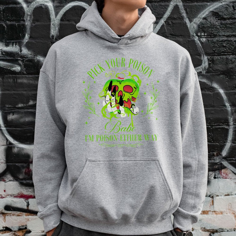 Pick Your Poison Hoodie | Gothic Skull Witchy Graphic Design | Premium Cotton-Blend Pullover | Spooky Halloween Gift for Her & Him